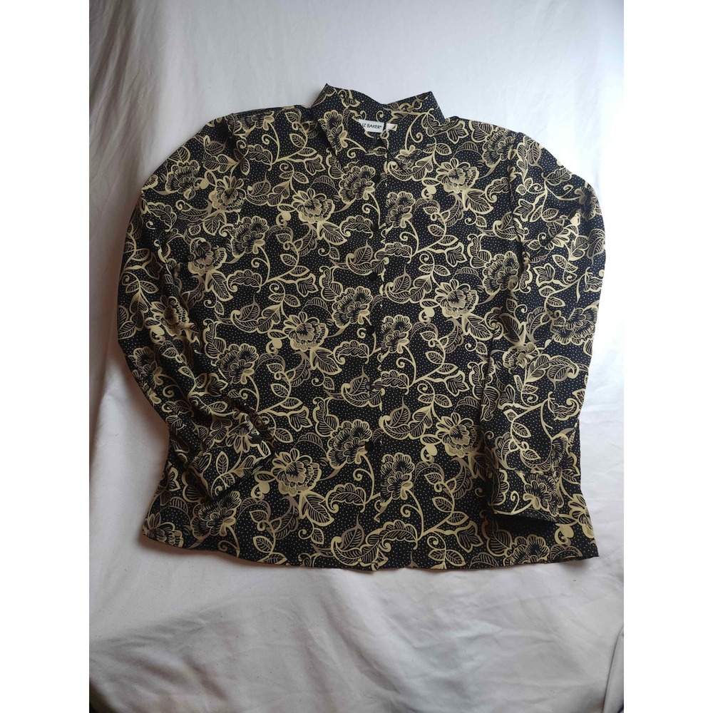 Liz Baker Womens 16 Black Gold Floral Polka Dot Button Front Blouse Long Sleeve